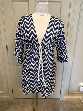 Milly Cabana Sz 8 Navy Chevron Tie-Front Cover-Up Tunic
